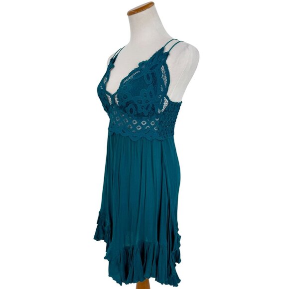 Free People Teal Lace Crochet Trim Ruffled Hem Flowy Casual Boho Slip Dress - Picture 6 of 16